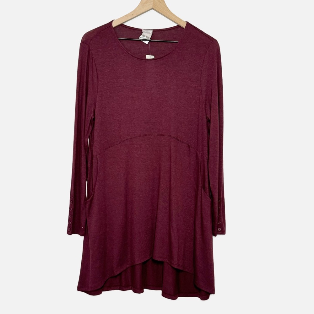 Chico’s NWT knit button long sleeve tunic dress deep Merlot M/1 pockets Autumn